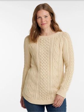 LL Bean Signature Fisherman Knit 100% Cotton Cable Knit Sweater Beige Sz XS